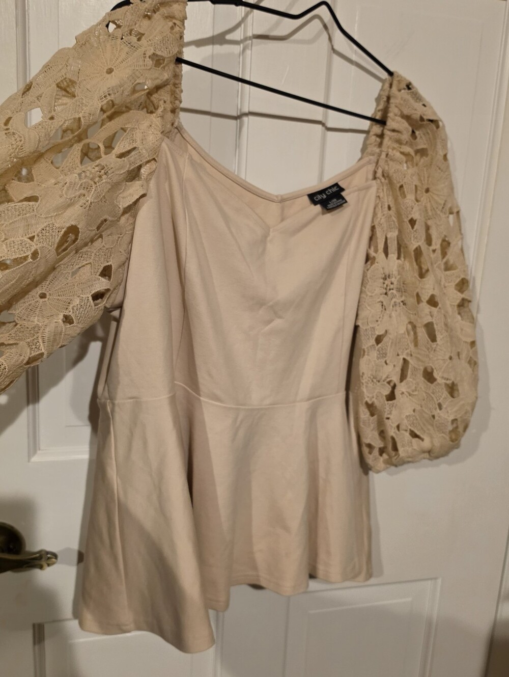 City Chic Cream Peplum Top with Sheer Lace Balloon Sleeves Size L / 20